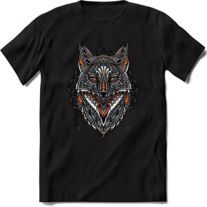 Vos - Dieren Mandala T-Shirt | Oranje | Grappig Verjaardag Zentangle Dierenkop Cadeau Shirt | Dames - Heren - Unisex | Wildlife Tshirt Kleding Kado | - Zwart - S