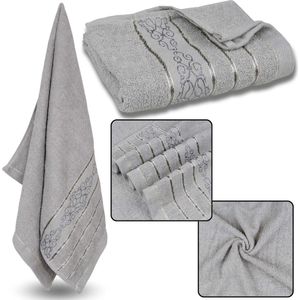 Grijze Katoenen Handdoek met Decoratief Borduurwerk, Grijs Borduurwerk, Badhanddoek 70x135 cm