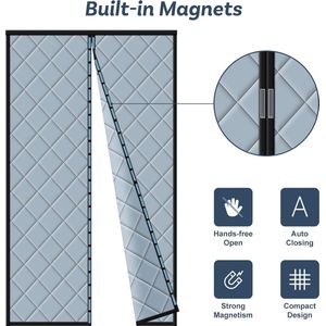 Magnetisch thermisch deurgordijn, 90 x 210 cm verdikt thermisch gordijn voor deuren, winddicht geluiddicht geïsoleerd met automatische sluiting, winterkoude bescherming deurrooster, grijs
