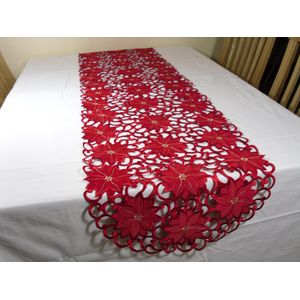 Tafelkleed - Kerst - Rood opengewerkt met bloemen - Loper 130 cm