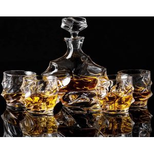 Whisky Glazen en Karaf Set, Kristallen Whisky Decanter 750 ml met 4 Whiskyglas 320 ml voor Cognac, Wodka, Whisky, Scotch, Martini, Cocktails, Set van 5 Stuks, Mooie Geschenkdoos