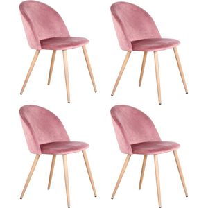Manzibo Set van 4 stoelen - Eetkamerstoel - Met Fluwelen stof - Velvet - 4 Eetkamerstoelen - Voor keuken of huiskamer - Retro look - Roze - Volledige set