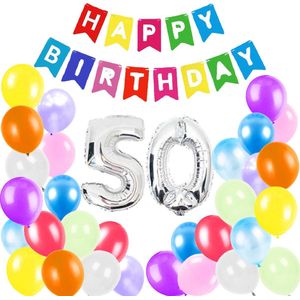Bollabon® - 50 jaar Abraham - 50 jaar Sarah - 50 jaar versiering - 50 jaar verjaardag - happy birthday slinger - versiering verjaardag met veel vrolijke kleuren - 30 ballonnen, slinger en XXL 50 folieballon