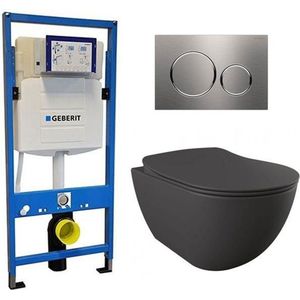 Geberit UP 320 Toiletset - Inbouw WC Hangtoilet Wandcloset - Creavit Mat Antraciet Geberit Sigma-20 RVS Geborsteld