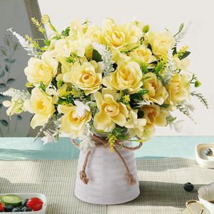 Kunstbloemen met vaas, kunstzijden bloemen in vaas Gardenia bloemen decoratie voor thuis tafel kantoor feest (champagne)