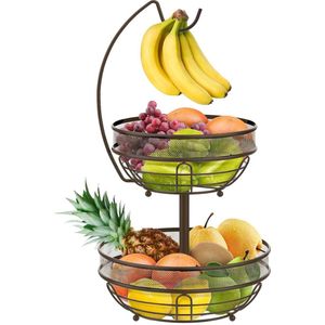 Fruitmand met 2 verdiepingen, fruitmand met bananenhouder, 2 etages, keuken, fruitschaal van metaal, afneembare staande fruitschalen, dagelijkse keuken, opslag, fruitmand, groentemand, brons