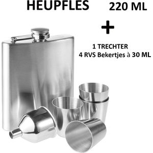 Heupfles - Zakflacon - Platvink - Veldfles - RVS - 4 Bekertjes & Trechter