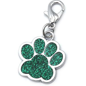 Sleutelhanger of halsbandhanger 25x25 mm met hondenpootje donker groen glitter met karabijnslotje
