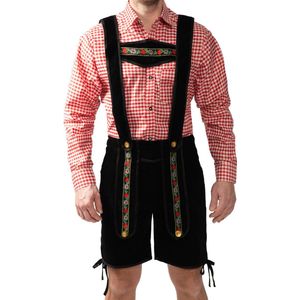 Korte Lederhose + Blouse Set incl Bretels Oktoberfest Heren Carnavalskleding Heren Lederhosen Man - Zwart/Rood - XL - Polyester