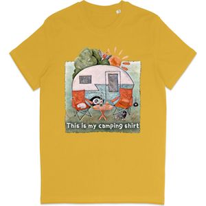 Heren en Dames T Shirt - Camping Kampeer Tafereel - Geel L