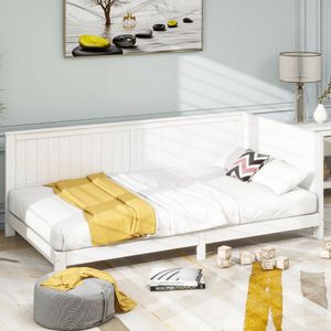 Sweiko Slaapbank, Kinderbed 90x200 cm, Eenpersoons houten bed, babybed, stabiel en betrouwbaar, modieus en eenvoudig, Wit.