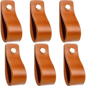 Buffel & Co Leren Handgrepen – Set van 6 – 100% Leer – Leren Lusjes – Inclusief Sierschroeven goud– Greepjes – Cognac