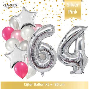 Cijfer Ballon 64 Jaar Zilver Roze White Pearl Boeket * Hoera 64 Jaar Verjaardag Decoratie Set van 15 Ballonnen * 80 cm Verjaardag Nummer Ballon * Snoes * Verjaardag Versiering * Verjaardag Decoratie * Silver Pink Pearl White* Nummer Ballon 64