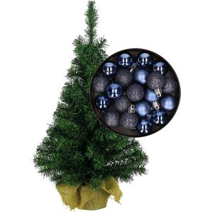 Mini kerstboom/kunst kerstboom H35 cm inclusief kerstballen donkerblauw - Kerstversiering