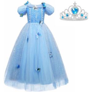 Assepoester jurk Prinsessen jurk verkleedjurk 104-110 (110) blauw Luxe met vlinders korte mouw + kroon verkleedkleding