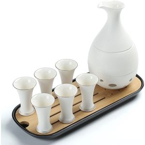 TEANAGOO Sake Set Japanese Traditional, Sake Rijstwijnkaraf (170 ml) met 6 Sake Kopjes (25 ml) voor Warme of Koude Japanse Soju met Serveer Bamboe Dienblad Geschenk Sets 10 Stuks/Set