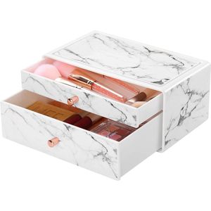 Make-up organizer van PS, multifunctionele cosmetica-organizer met 2 afneembare laden, grote capaciteit, make-upcontainer voor kantoor, slaapkamer, badkamer, opbergen van make-up, wit marmer