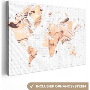 Canvas Wereldkaart - 180x120 - Wanddecoratie Wereldkaart - Verf - Bruin