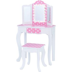 Houten Kaptafel met LED Spiegel voor Kinderen - Polka Dot - Roze/Wit - Speel- en Opbergmeubel