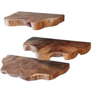 Luxe Zwevend Wandplank Hout (Set van 3) - Muurplankjes Zwevend (55 x 25 x 4 cm) - Muurplank Industrieel Zwevend Boomstam - Houten Wandplank met Lade - Zwevende Wandplank/ Boekenplank - Nachtkastje - Wandplanken Bruin