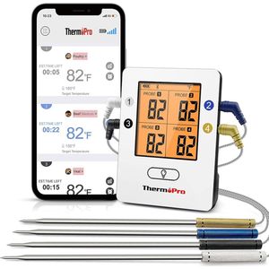 TP25 Bluetooth Vleesthermometer met 4 Temperatuur Sondes - Draadloze Digitale BBQ Thermometer met App - Oplaadbaar