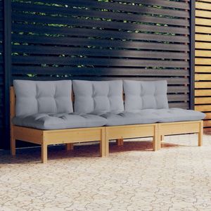 vidaXL Tuinbank 3-zits - Grijs - Inclusief Kussens Tuinbank - Lounge Bank - Grenenhouten Bank - Buitenbank - Modulaire Bank - Grijze Bank