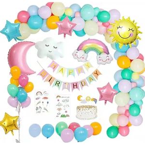70 stuks regenboog Feestpakket - Regenboog versiering, decoratie & ballonnen - Regenboog stickers - Feestdecoratie voor babyshower en verjaardag - Pride versiering & Stickers