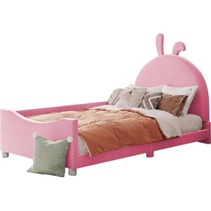 Merax Kinderbed 90x200 - Flanel Gestoffeerde Slaapbank - Bed voor Kinderen - Roze