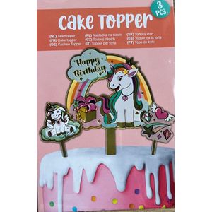 Taart topper unicorn - cake topper - taartdecoratie - feest versiering - eenhoorn - paard - regenboog - 3 stuks