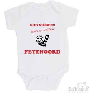 100% katoenen Romper ""Niet storen!! Mama en ik kijken FEYENOORD"" Unisex Katoen Wit/rood/zwart Maat 62/68