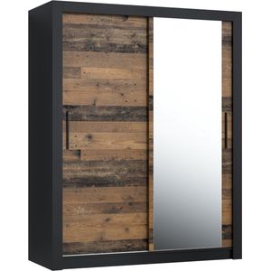 Pro-meubels - Kledingkast Miami - 160cm - ZWART MAT - OLD WOOD - Met spiegel - Garderobekast - Slaapkamer - Schuifdeur