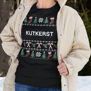 Foute Kersttrui Candy Cane - Met tekst: Kutkerst - Kleur Zwart - ( MAAT XS - UNISEKS FIT ) - Kerstkleding voor Dames & Heren