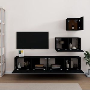 The Living Store TV-meubelset - Zwarte bewerkt hout - 30.5 x 30 x 30 cm / 60 x 30 x 30 cm / 80 x 30 x 30 cm (B x D x H) - Wandmontage ontwerp