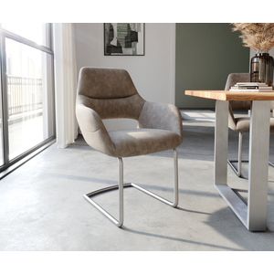 Sledestoel Yago-Flex met armleuning sledemodel rond roestvrij staal microvelours taupe vintage pocketveer kern