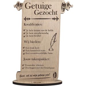 Perkament getuige gezocht - gepersonaliseerde houten wenskaart - kaart van hout - huwelijk - luxe uitvoering met eigen naam