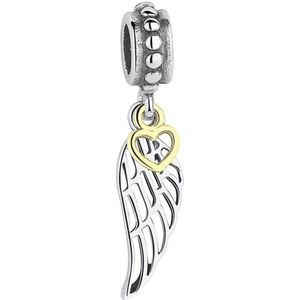 Geloof en Geluk - Zilveren bedels - Bedel engel vleugel | Angel wing met gouden hartje | 925 Sterling Zilver - Geschikt voor alle merken - 925 Zilver Certificaat - Tip Moederdag