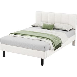 Merax 140x190 cm Gestoffeerd Bed met Lattenbodem - IJzeren Poten en Sherpa Stof - Beige – Modern en Comfortabel