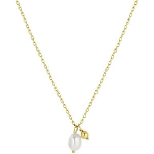 Lucardi Dames Zilveren goldplated ketting met zoetwaterparel - Ketting - 925 Zilver - Goudkleurig - 48 cm