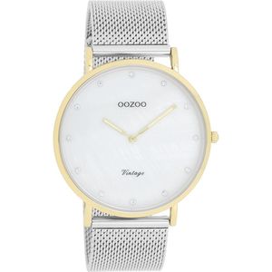 OOZOO Timepieces - Goudkleurige horloge met zilverkleurige metalen mesh armband - C20115