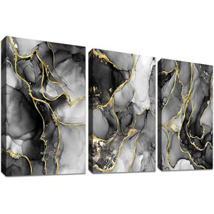 Houten ingelijst marmer canvas muurkunst - abstracte aquarel - 3 stuks - grijs zwart goud - 150 x 70 cm