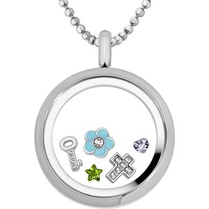 Quiges Memory Medaillon RVS 30mm met Ketting 90cm en 5 Floating Charms - CLS006