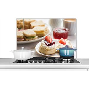 Spatscherm keuken 80x55 cm - Kookplaat achterwand Ontbijt - Aardbei - Jam - Muurbeschermer - Spatwand fornuis - Hoogwaardig aluminium