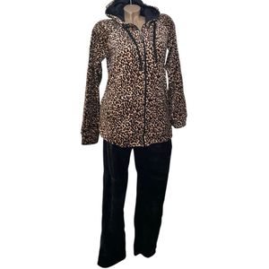 Dames Velours Huispak - Vrijetijdspak 334 Panterprint met Rits Maat- XL (40-42) zwart/bruin