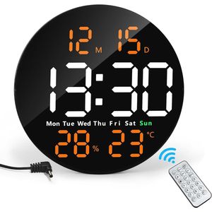 Grote Digitale LED Wandklok 25 cm - Rond, Met Afstandsbediening, Temperatuur, Datum, Countdown & Alarmen