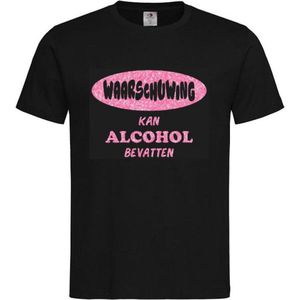 T-shirt Unisex Volwassenen Lol - carnaval - kermis - feestje - grappig Tekst ""Waarschuwing Kan alcohol bevatten"" Op Voorkant | korte mouw | Zwart/Roze GLITTER | maat XXL