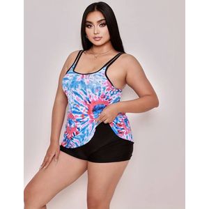 Tankini Set- 2-delige grote maten tie-dye tankini voor dames met ronde hals- Badmode bikini badpak zwempak strandkleding 077- Meerkleurig- Maat 5XL