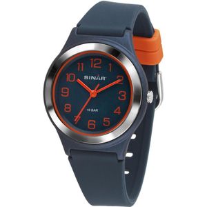 Sinar - Horloge Kind - Kinderhorloge Jongen - Tiener - 10 bar Waterdicht - Analoog - Ø 36 mm - Stevig Siliconen bandje - Verstelbaar (13 - 18,5 cm) - Edelstalen Sluiting - Quartz uurwerk - Blauw / Oranje - XB-48-12