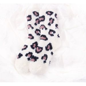 Fluffy Sokken Dames - dieren / luipaard print - wit / bruin - huissokken - dikke winter sokken - 36-40 - zacht - cadeau - voor haar