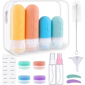 Siliconen reisflessen, 16 stuks reisset met siliconen reisflessen, lekvrije reisflessen en shampoo-containers, BPA-vrij, praktische reisflessenset (roze)