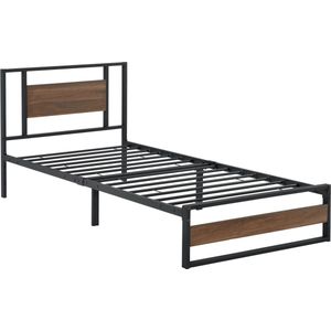 In And OutdoorMatch Metalen bed Enrique - Bedframe - 90x200 cm - Zwart en Walnoot - Modern design